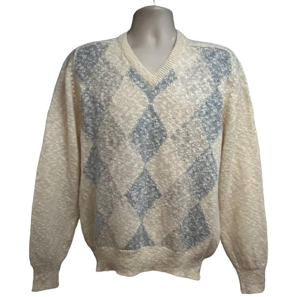 Vintage Titleist Mens Scotland Wool Argyle Beige V-Neck Pullover Sweater Medium